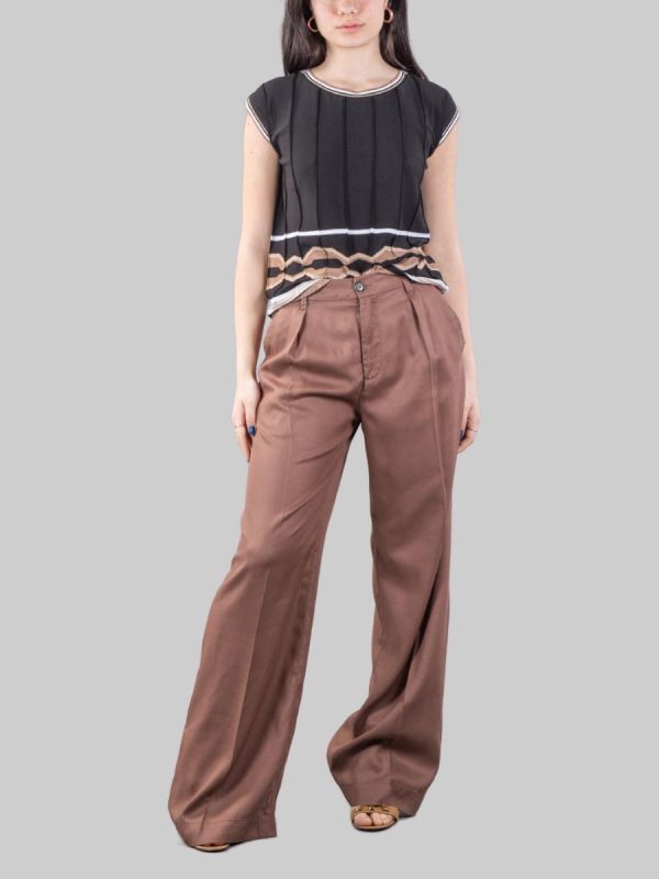 BROWN HIGH WAISTED WIDE LEG TROUSERS IN SOFT LYOCELL WITH DROP
