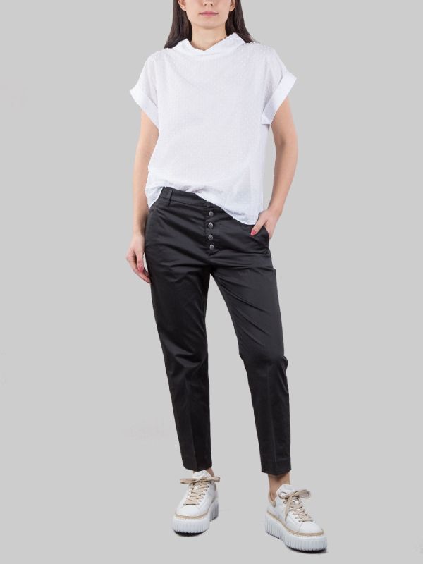 PANTALONI NIMA NERI IN COTONE ELASTICIZZATO CON BOTTONI GIOIELLO