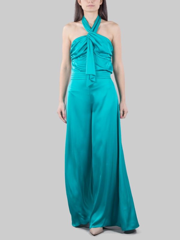 BALMAIN HIGH WAISTED FLUID SATIN GREEN PALAZZO PANTS