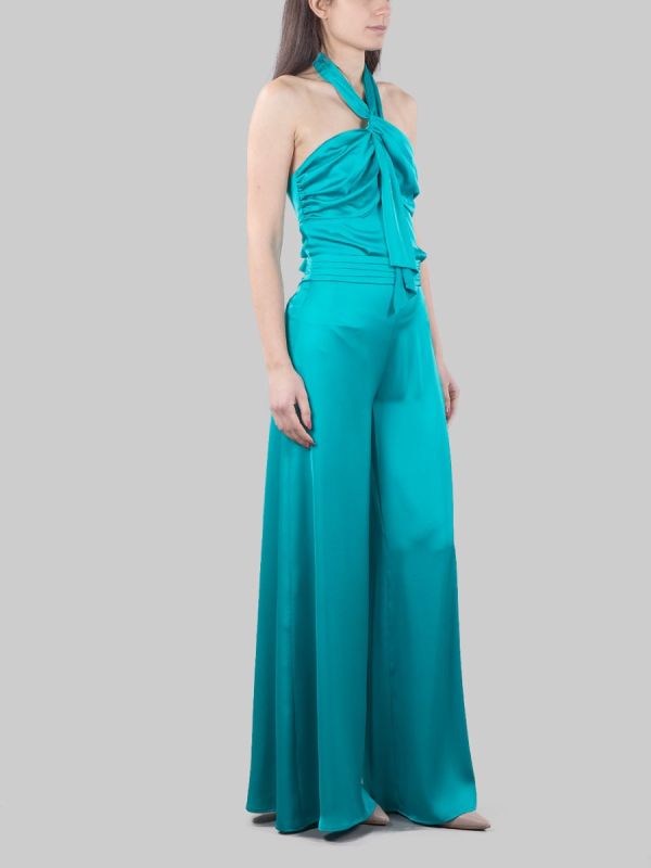 BALMAIN HIGH WAISTED FLUID SATIN GREEN PALAZZO PANTS