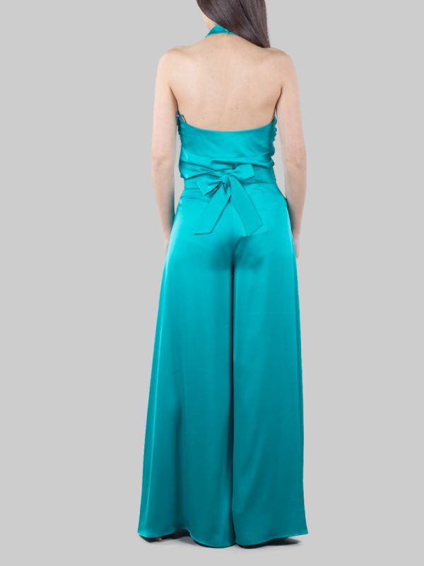 BALMAIN HIGH WAISTED FLUID SATIN GREEN PALAZZO PANTS