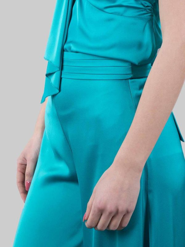 BALMAIN HIGH WAISTED FLUID SATIN GREEN PALAZZO PANTS
