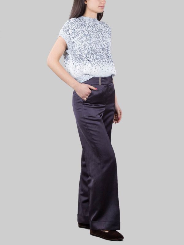 DARK BLUE LINEN AND VISCOSE BLEND TROUSERS WITH TURN-UPS AT THE BOTTOM