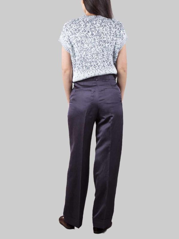 DARK BLUE LINEN AND VISCOSE BLEND TROUSERS WITH TURN-UPS AT THE BOTTOM