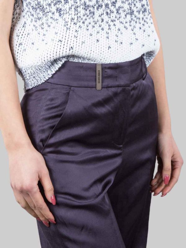 DARK BLUE LINEN AND VISCOSE BLEND TROUSERS WITH TURN-UPS AT THE BOTTOM
