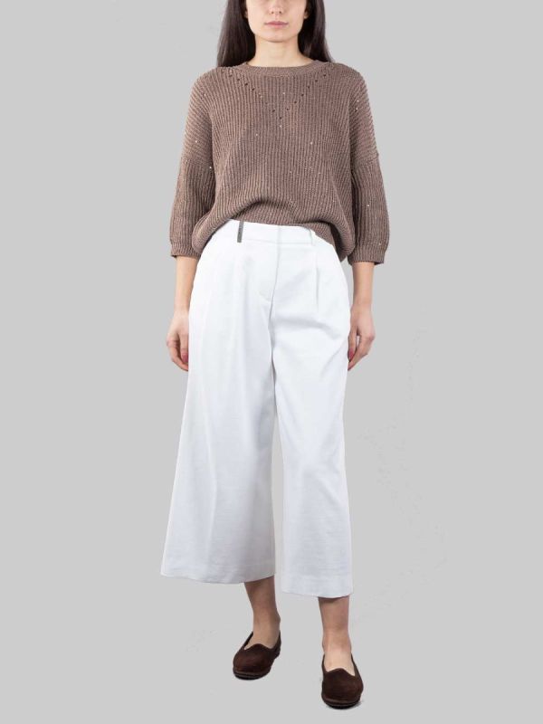 WHITE LINEN AND COTTON CROPPED PANTS