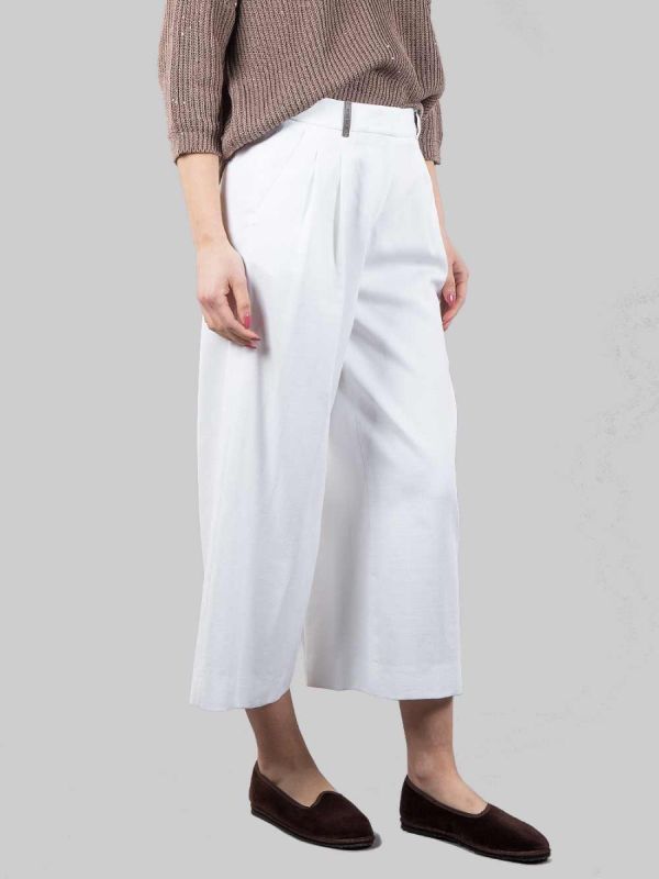 WHITE LINEN AND COTTON CROPPED PANTS