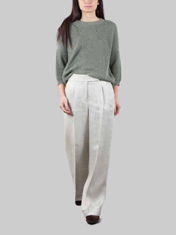 PANTALONI IN MISTO LINO VERDE SALVIA CON RISVOLTI AL FONDO