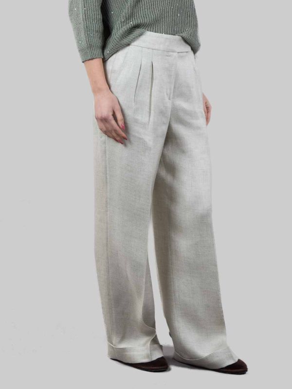 PANTALONI IN MISTO LINO VERDE SALVIA CON RISVOLTI AL FONDO