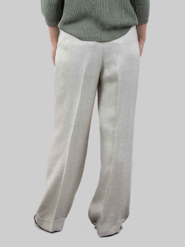 PANTALONI IN MISTO LINO VERDE SALVIA CON RISVOLTI AL FONDO