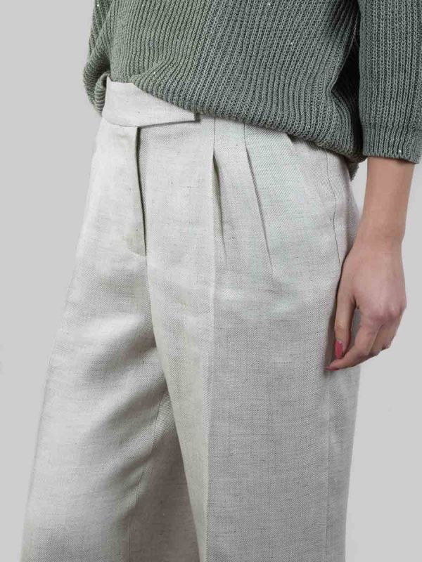 PANTALONI IN MISTO LINO VERDE SALVIA CON RISVOLTI AL FONDO