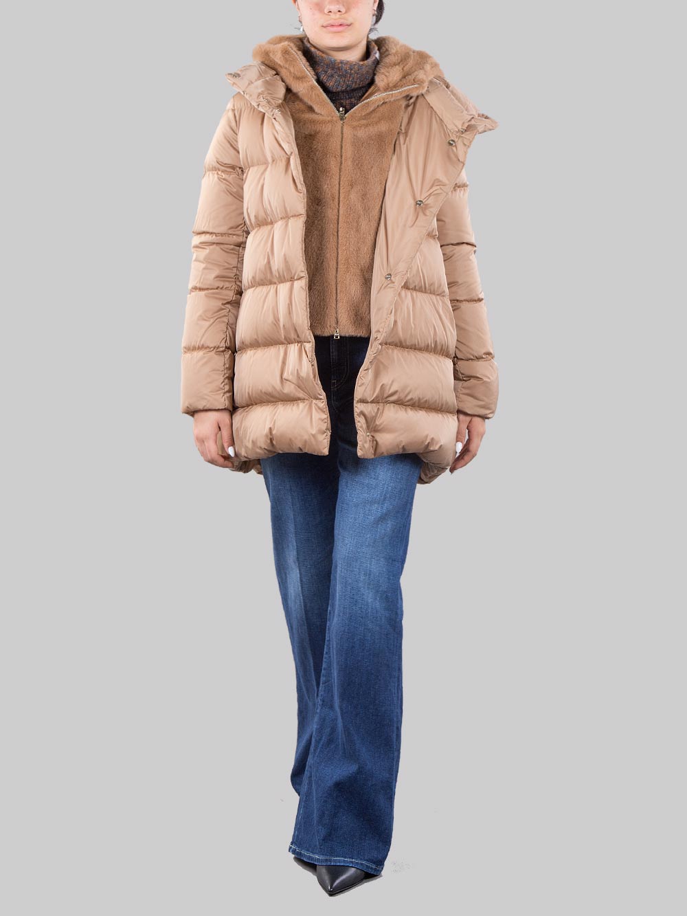 A-shape down jacket with eco-fur