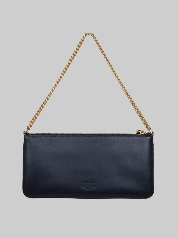 HORIZONTAL FLAT BAG IN BLACK SMOOTH LEATHER WITH SHOULDER STRAP