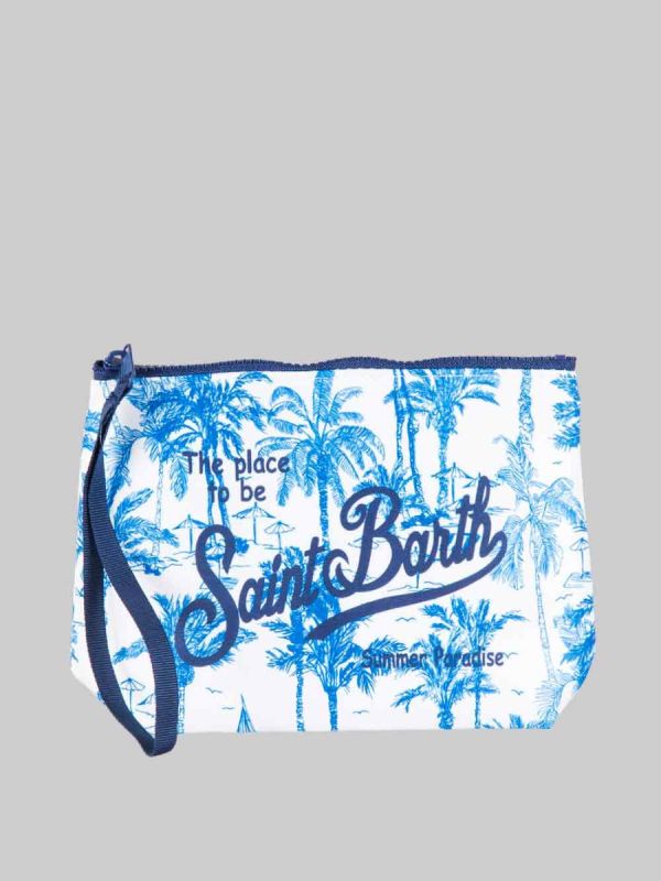 ALINE SCUBA POUCH WITH WHITE AND BLUE PALM PRINT