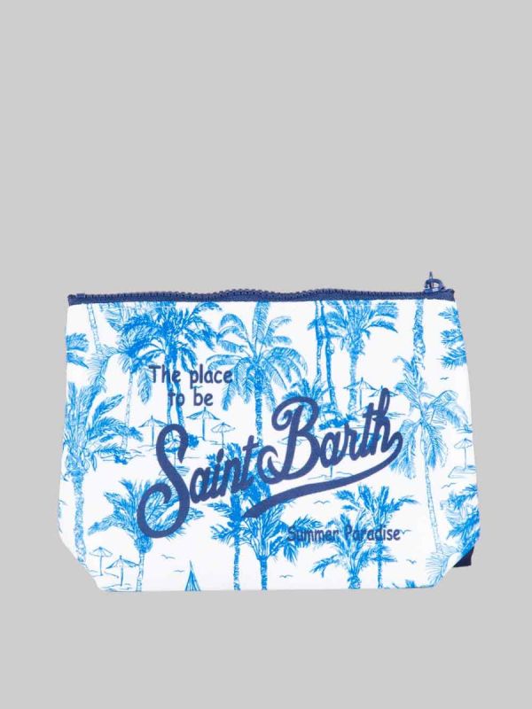 ALINE SCUBA POUCH WITH WHITE AND BLUE PALM PRINT