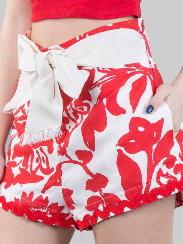 HIGH WAISTED LINEN AND COTTON PATTERNED SHORTS WITH WAIST BELT