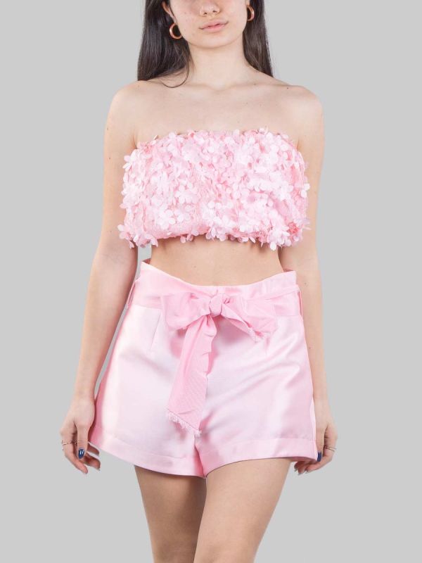 PINK STRETCH BANDEAU TOP DECORATED WITH FABRIC FLOWER PETALS