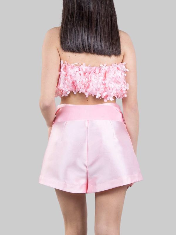 PINK STRETCH BANDEAU TOP DECORATED WITH FABRIC FLOWER PETALS
