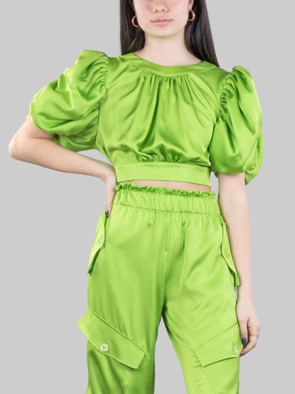 GREEN SATIN CROPPED TOP WITH BACKLESS AND BALLOON SLEEVES