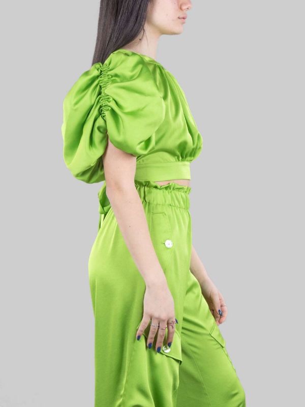 GREEN SATIN CROPPED TOP WITH BACKLESS AND BALLOON SLEEVES