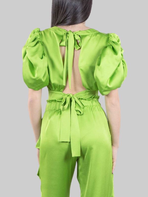 GREEN SATIN CROPPED TOP WITH BACKLESS AND BALLOON SLEEVES