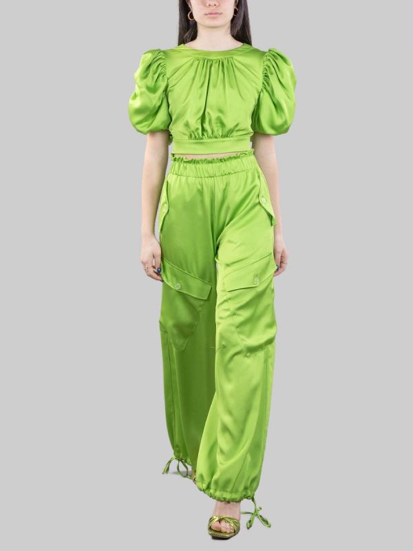 GREEN SATIN CROPPED TOP WITH BACKLESS AND BALLOON SLEEVES