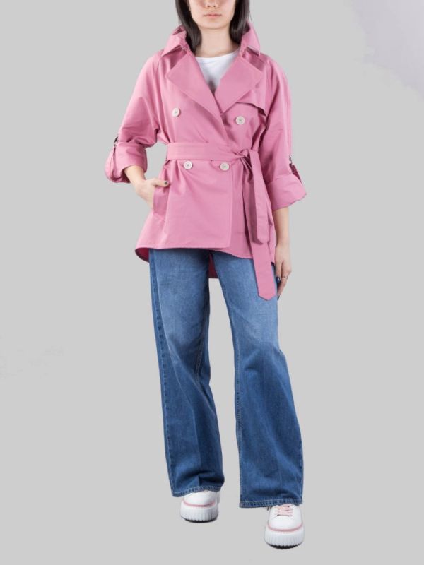 SHORT DOUBLE BREASTED TRENCH COAT IN PINK COTTON WITH WAIST BELT