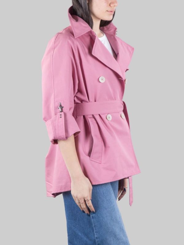 SHORT DOUBLE BREASTED TRENCH COAT IN PINK COTTON WITH WAIST BELT
