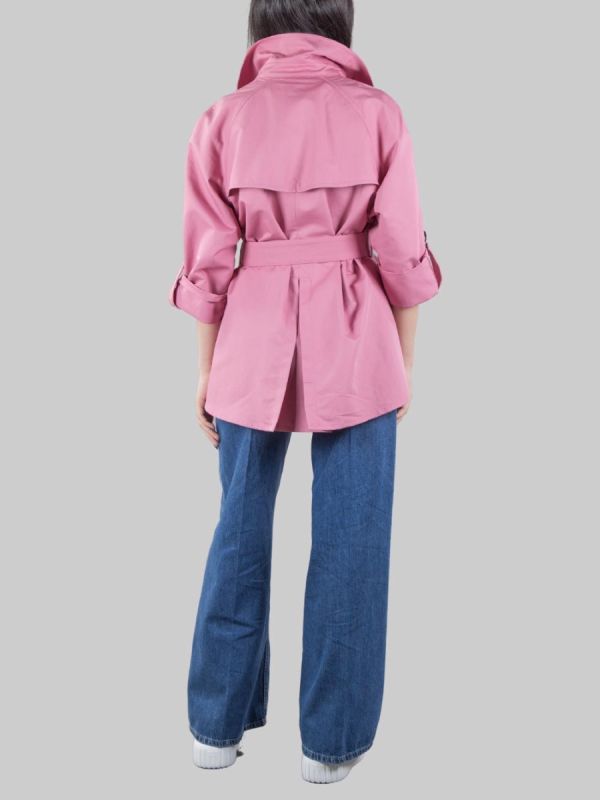 SHORT DOUBLE BREASTED TRENCH COAT IN PINK COTTON WITH WAIST BELT
