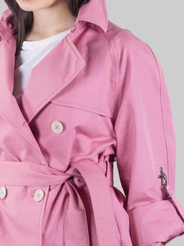 SHORT DOUBLE BREASTED TRENCH COAT IN PINK COTTON WITH WAIST BELT