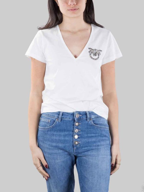 WHITE TURBATO T-SHIRT WITH RHINESTONE AND BEAD LOGO