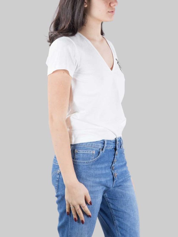 WHITE TURBATO T-SHIRT WITH RHINESTONE AND BEAD LOGO
