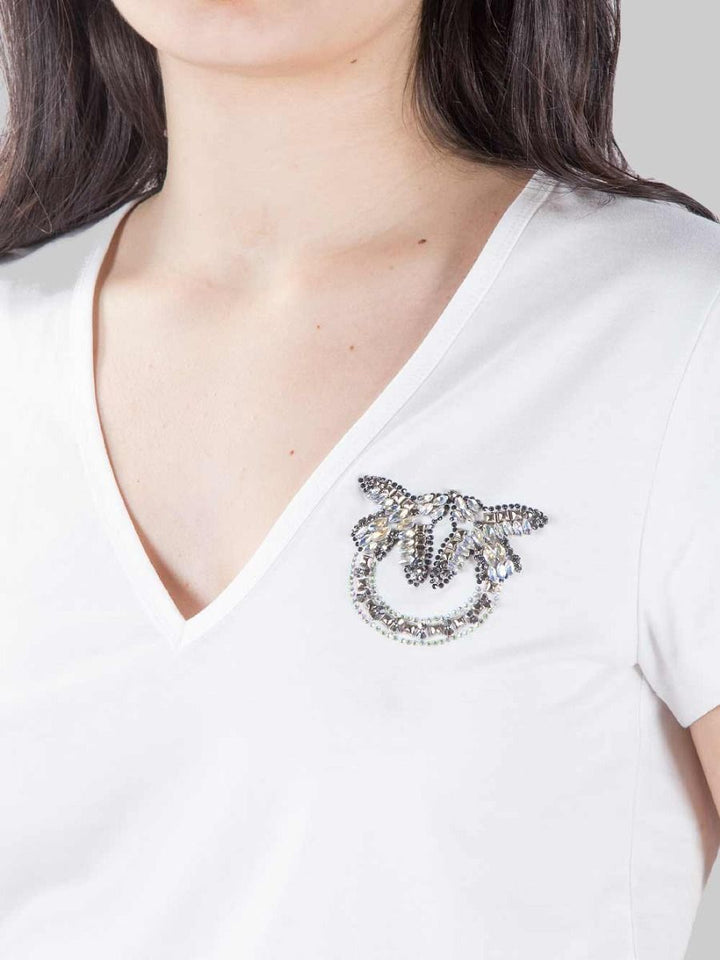 WHITE TURBATO T-SHIRT WITH RHINESTONE AND BEAD LOGO