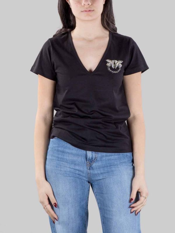BLACK TURBATO T-SHIRT WITH RHINESTONE AND BEAD LOGO