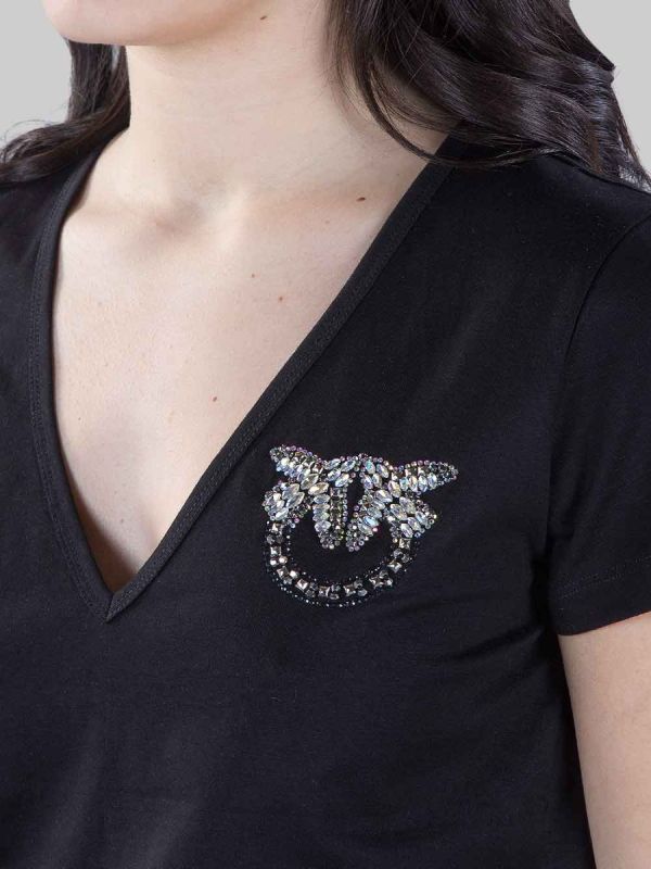 BLACK TURBATO T-SHIRT WITH RHINESTONE AND BEAD LOGO