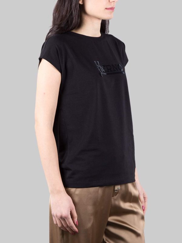 T-SHIRT NERA CON LOGO IN FULL STRASS