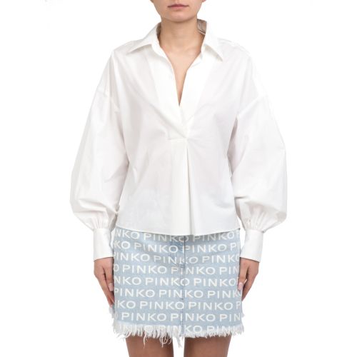 Pinko - Blusa camicia VEGETARIANA in popeline di cotone con frange bianca