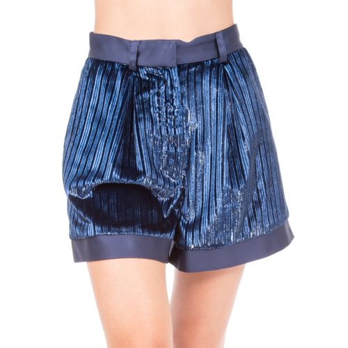 Simona Corsellini - Shorts in lurex blue mirage con cintura e profili in raso satinato